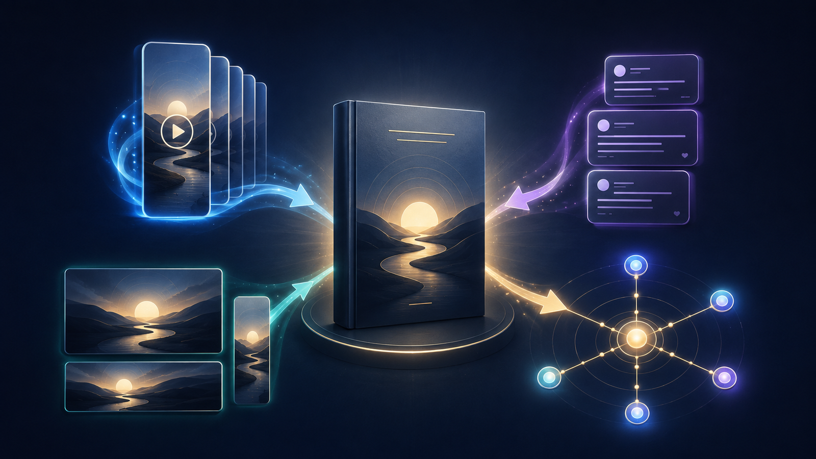 Source content branching into clips, written posts, resized visuals, and distribution channels