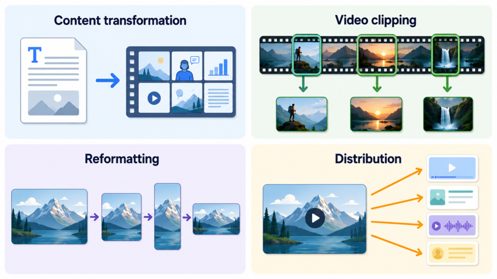 Diagram separating content transformation, video clipping, reformatting, and distribution