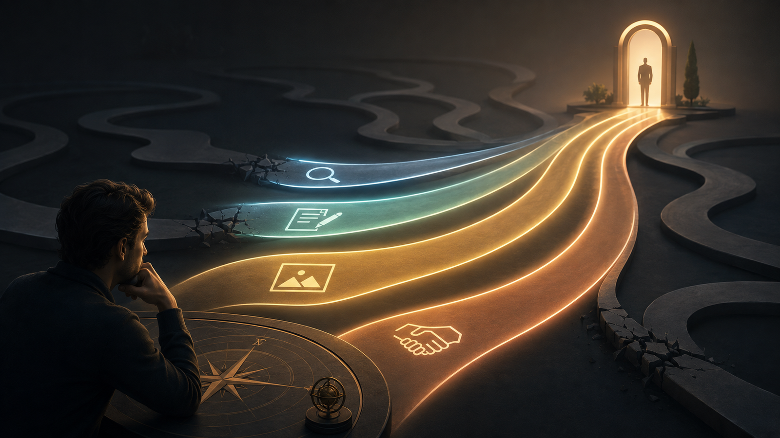Freelancer navigating research, proposal, portfolio and outreach paths toward one suitable client