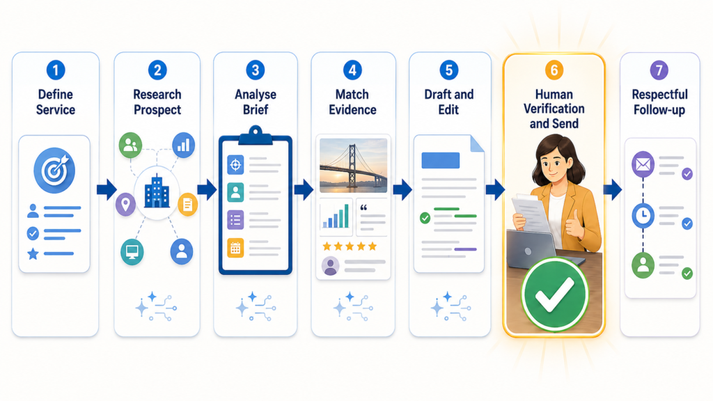 Seven-step AI-assisted freelance client acquisition workflow with human verification before sending