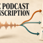 Podcast waveform turning into transcript pages representing daily, monthly, and local free transcription options