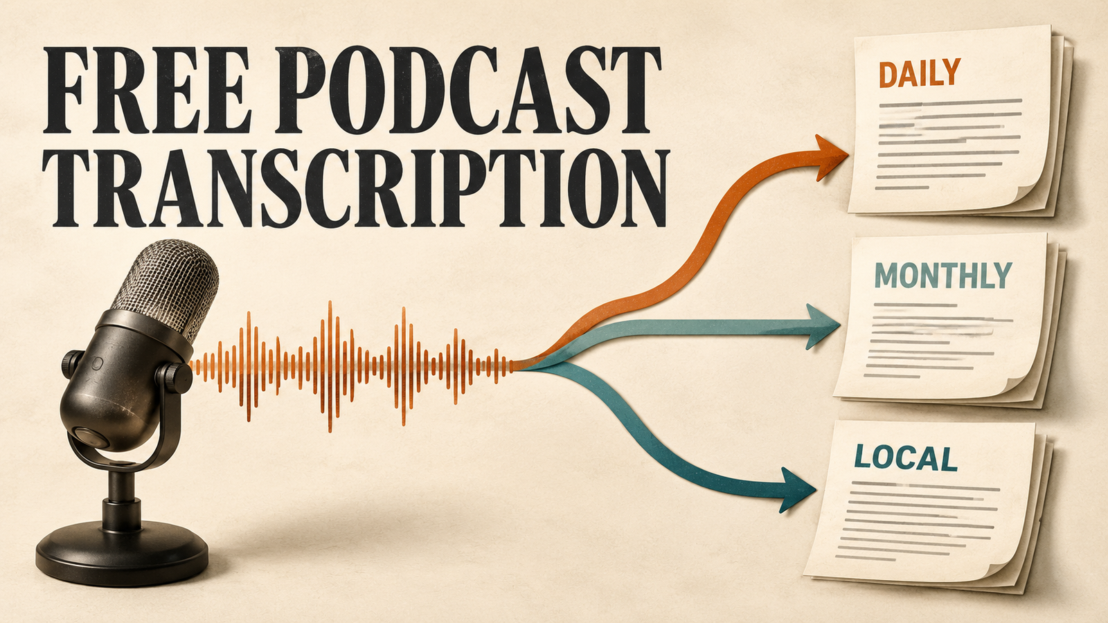 Podcast waveform turning into transcript pages representing daily, monthly, and local free transcription options